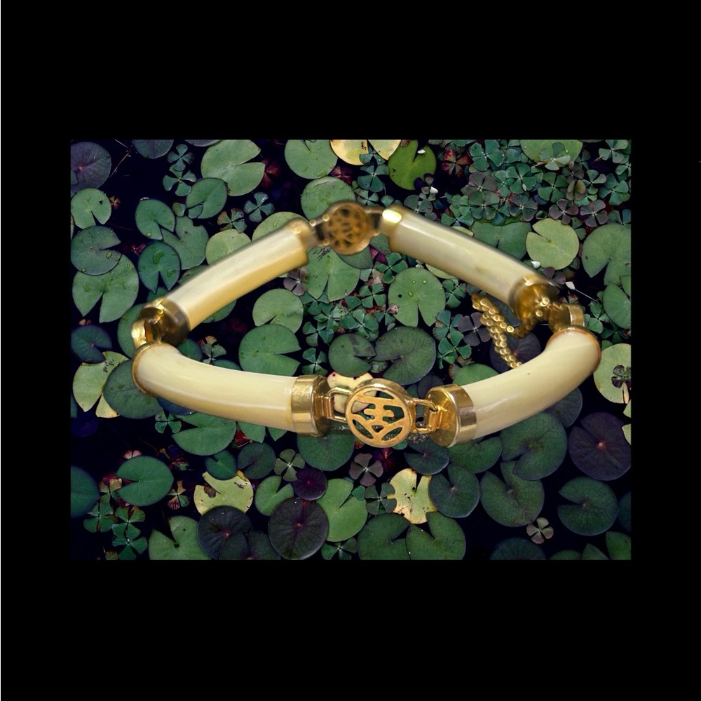 Vtg Gold Tone Chinese Symbol Mother Of Pearl Asian Character Link Bracel…